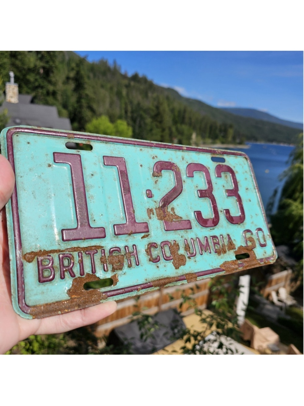 1960 British Columbia Turquoise License Plate 11-233 Vintage BC Canada Patina